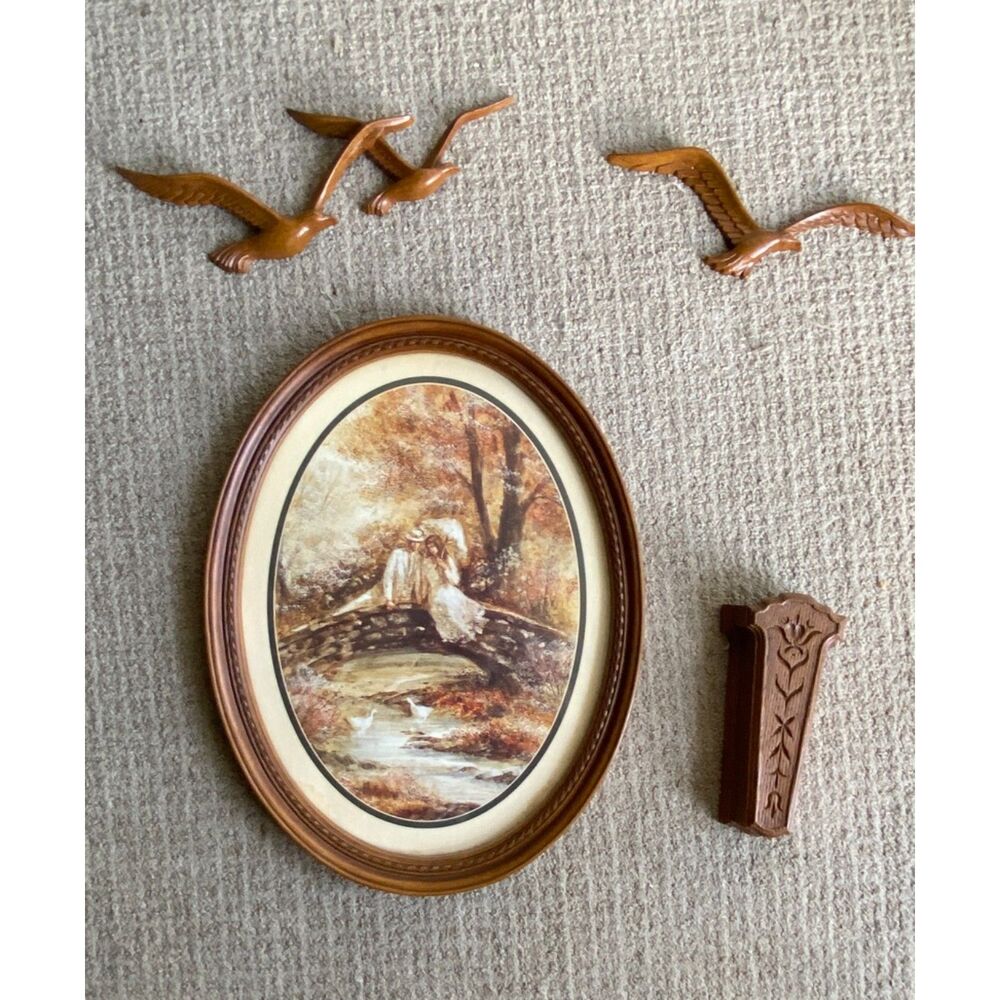 Homco Inc. Romantic Courting Couple Framed Portrait, Wall Pocket, Birds 1981
